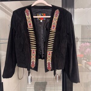 Tony Lama Black Suede Jacket with Fringe and Beaded Accents